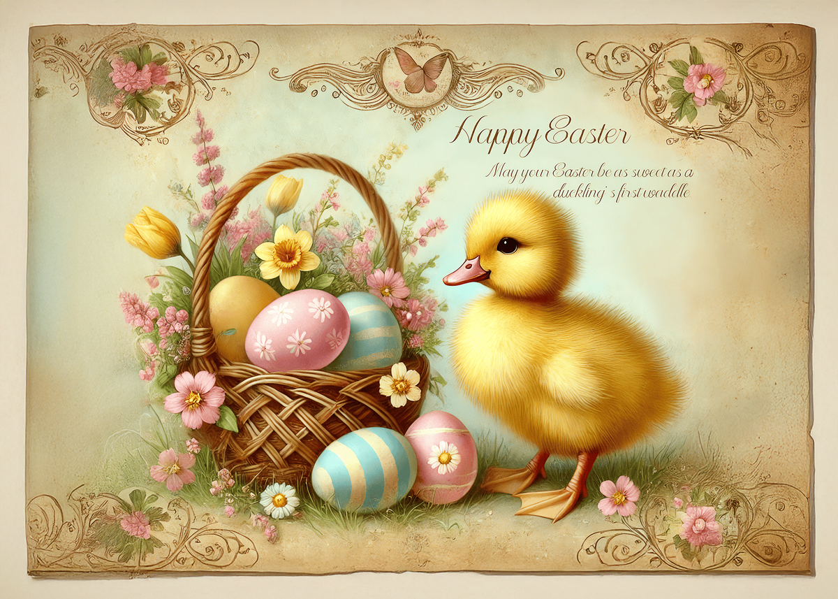 Vintage Easter Duckling Card, Spring Floral Basket (Digital Download)
