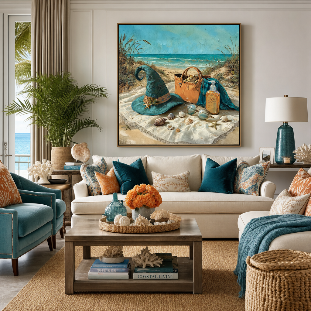 Vintage Coastal Halloween Witch Hat Beach Still Life with Frog, Seashells & Summer Decor Wall Art Printable (Digital Download)