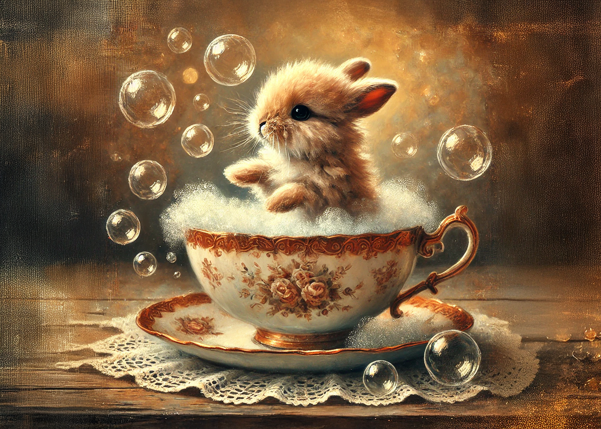 Printable Bunny in Teacup Easter Greeting Card Whimsical Spring Rabbit Art Vintage Style Cute Easter Card Digital Download