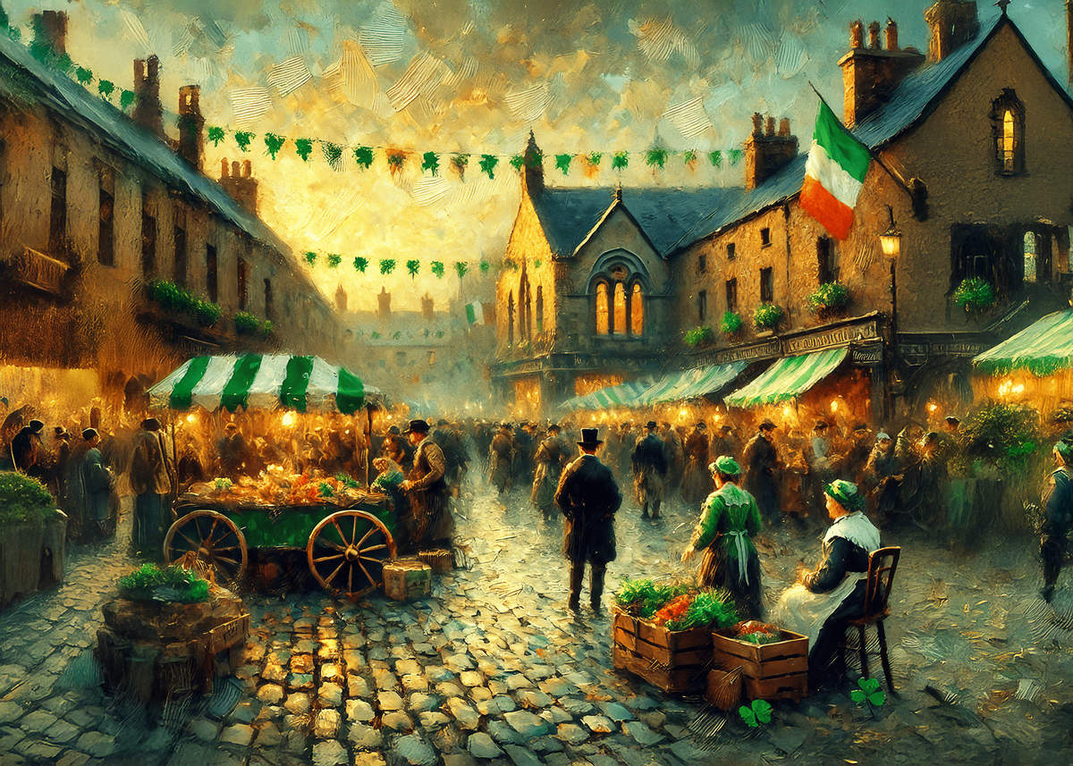 Printable Vintage Irish Market St Patricks Day Card Romantic Old World Ireland Street Scene Irish Celebration Greeting Card Digital Download