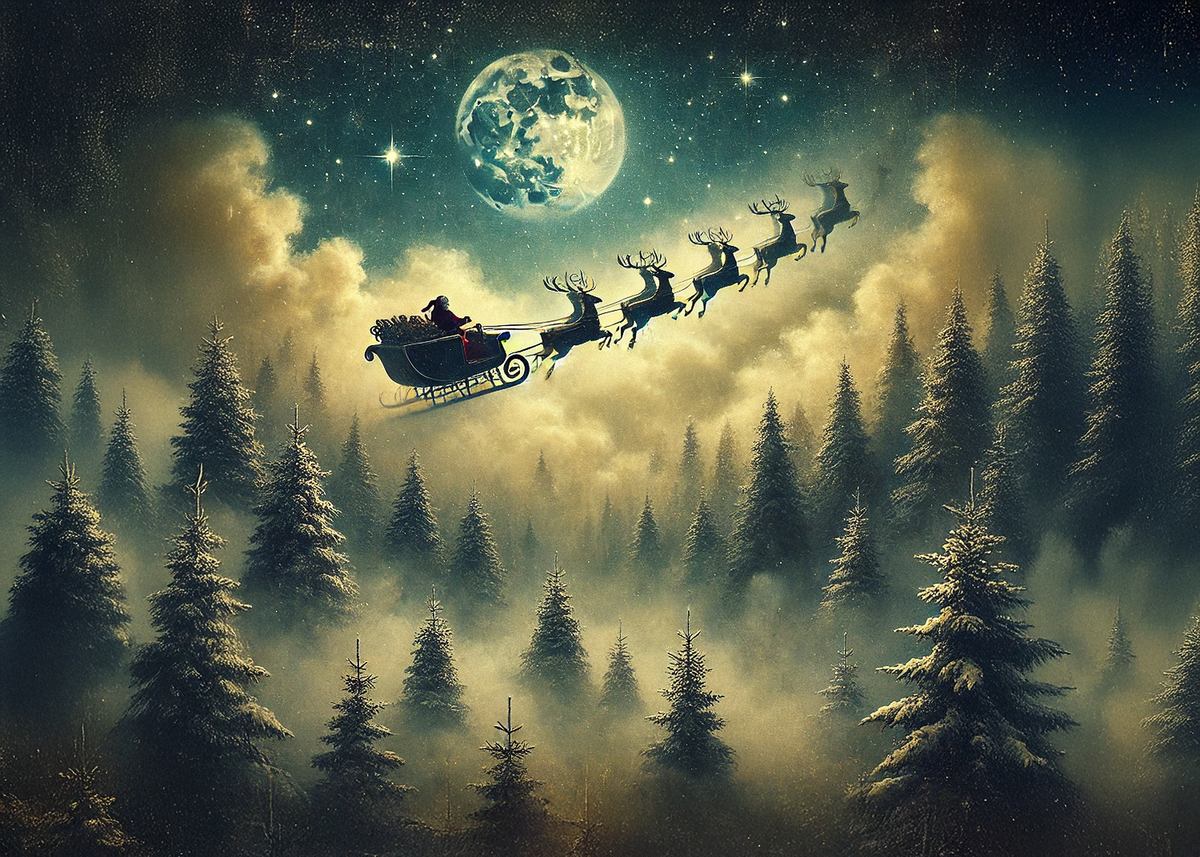 Printable Christmas Eve Santa Sleigh Card: Vintage Night Sky Holiday Greeting Card Printable Digital Download