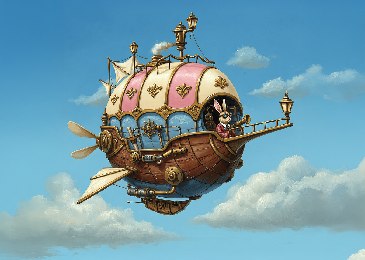 Printable Steampunk Bunny Airship Easter Greeting Card Whimsical Rabbit Flying Machine Storybook Easter Art Digital Download