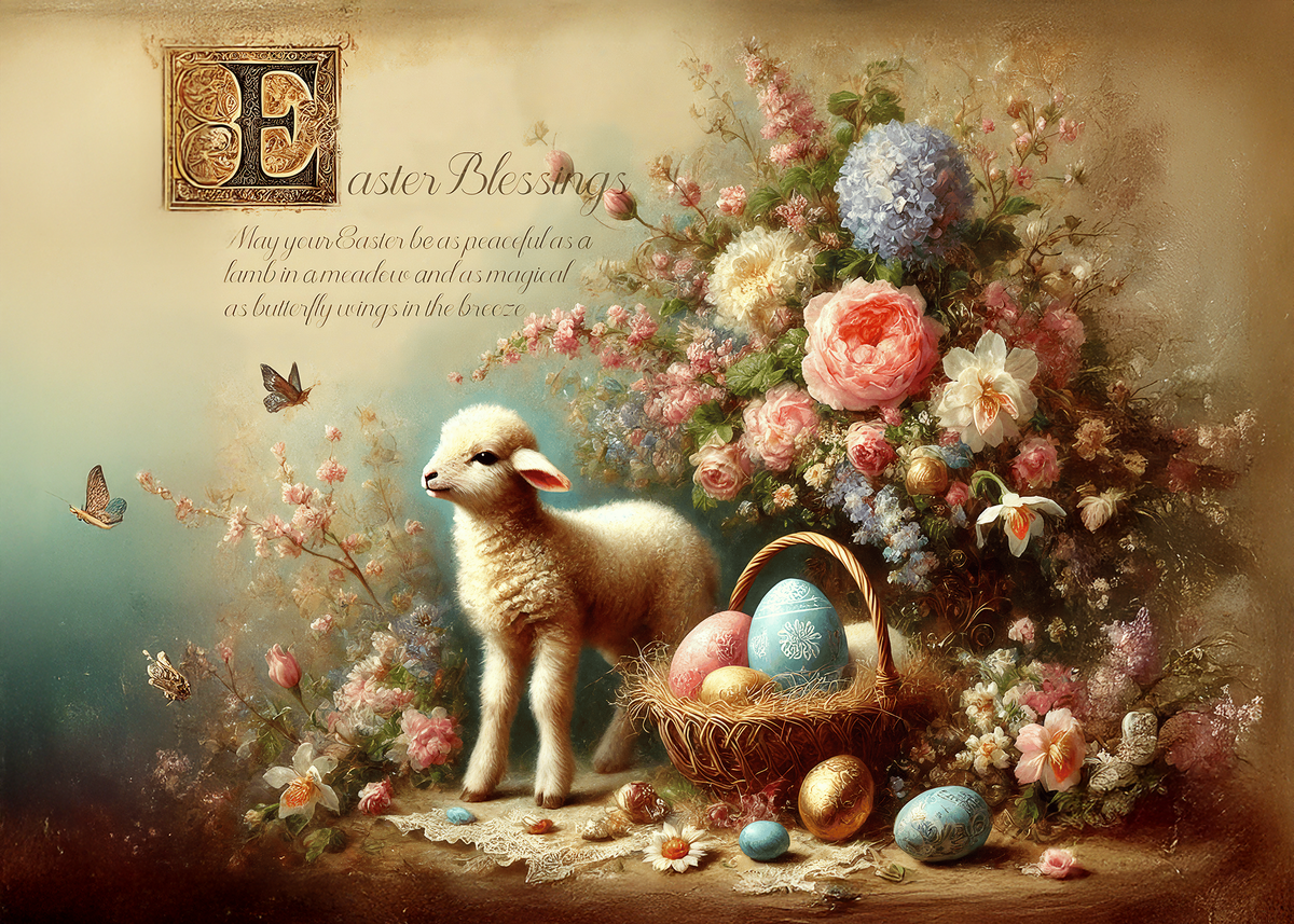 Vintage Easter Lamb Card, Spring Floral Art (Digital Download)