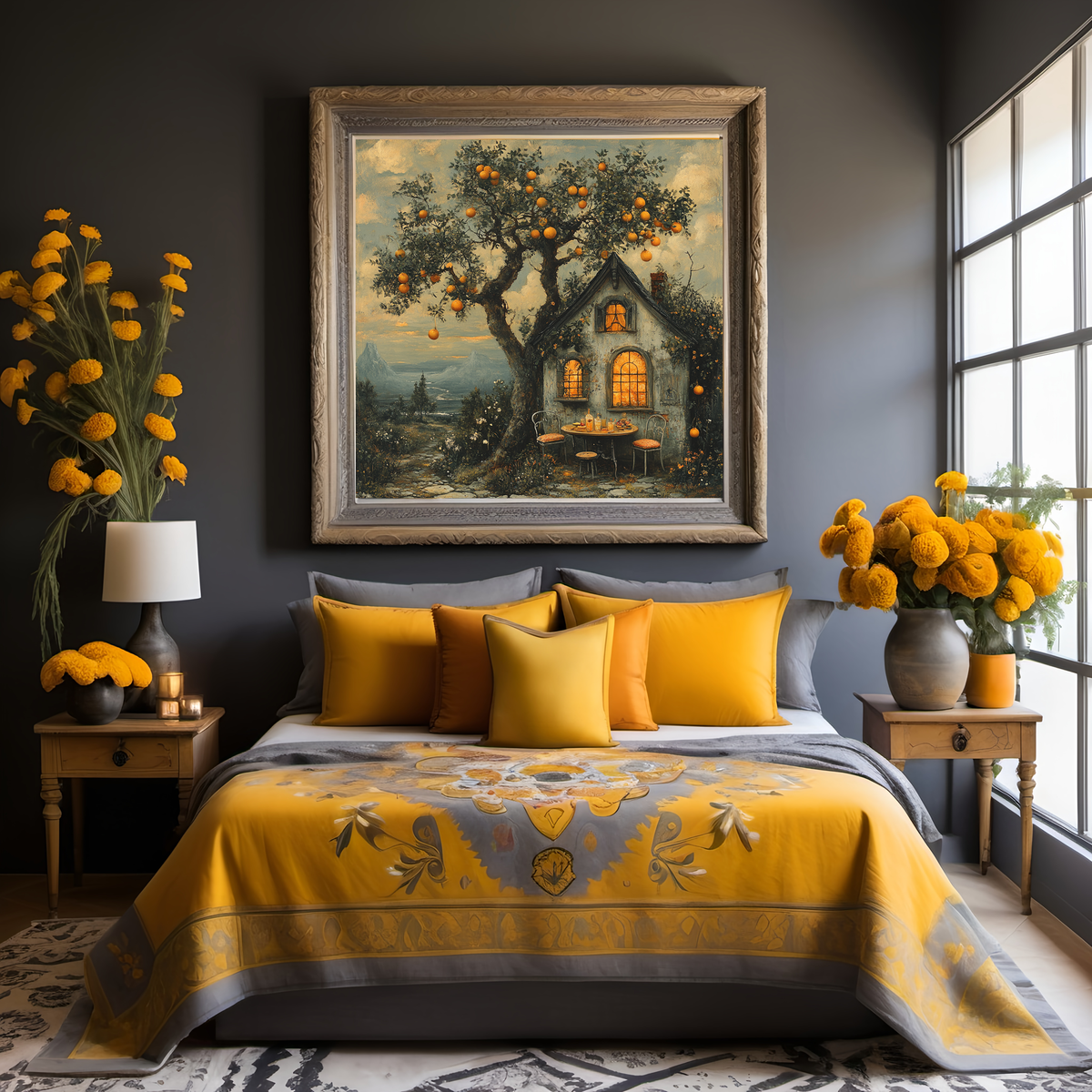 The Orange Cottage Vintage Gothic Cottage Under an Orange Tree Cozy Cottagecore Wall Art Digital Download