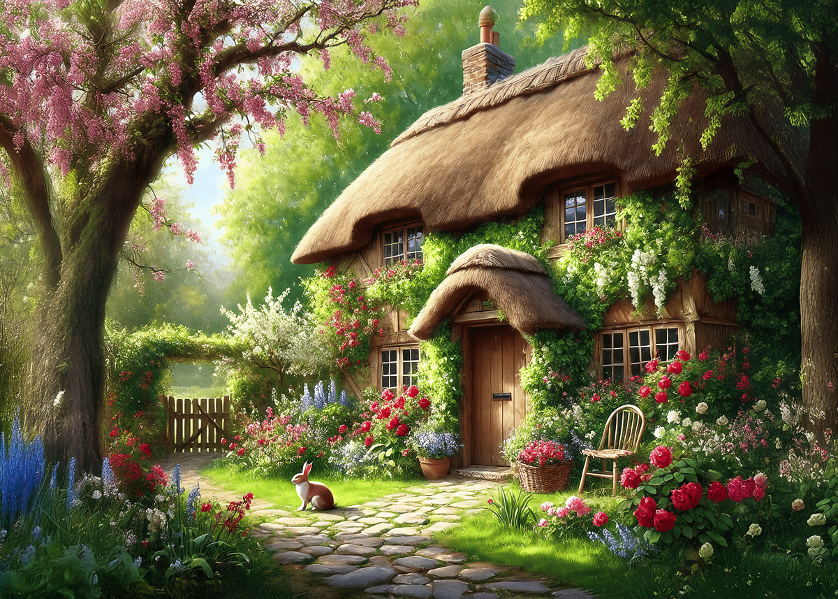 Printable English Cottage Garden Bunny Easter Greeting Card Whimsical Spring Cottagecore Rabbit Art Digital Download