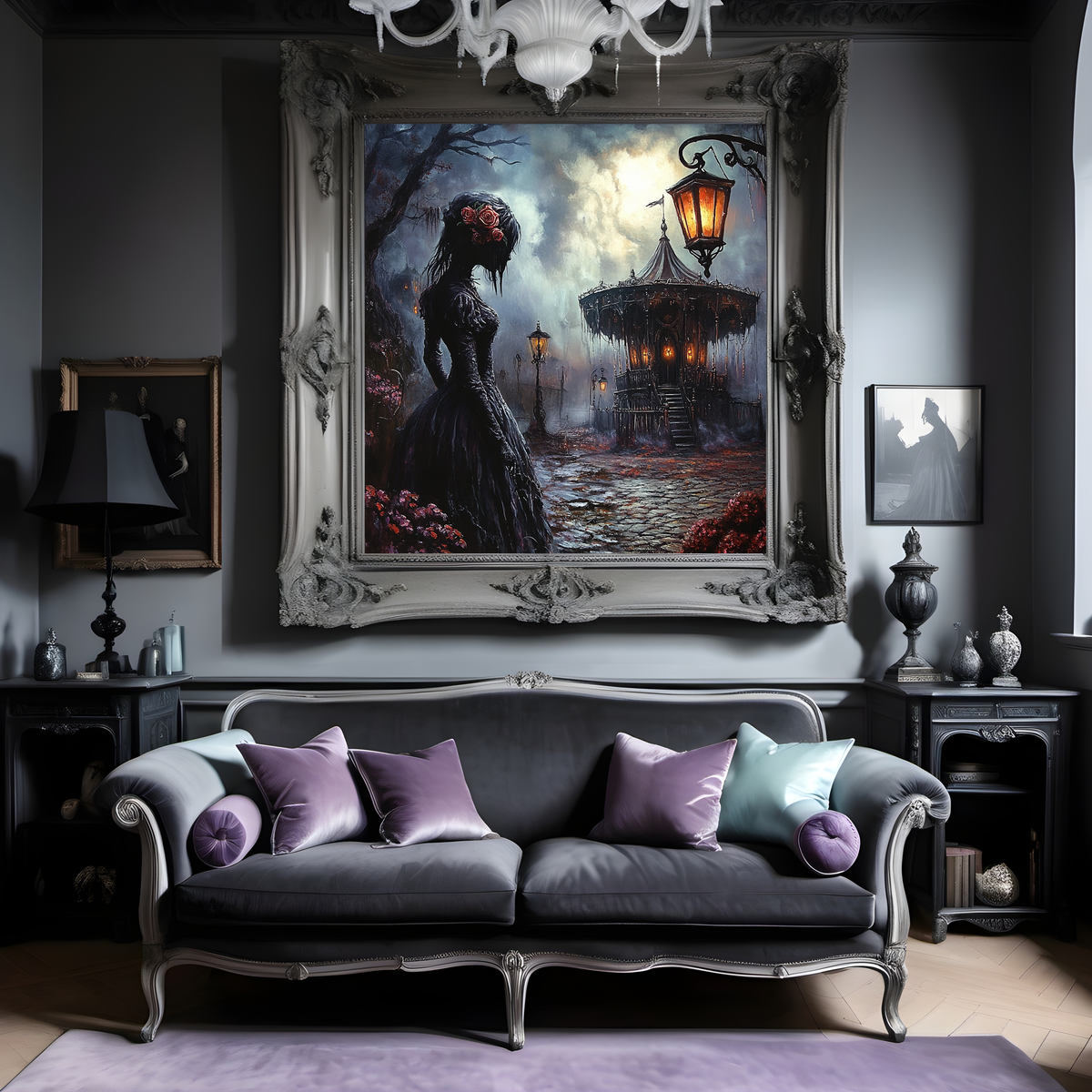 Gothic Woman Wall Art Haunted Carousel Dark Romantic Fantasy Halloween Decor Digital Download