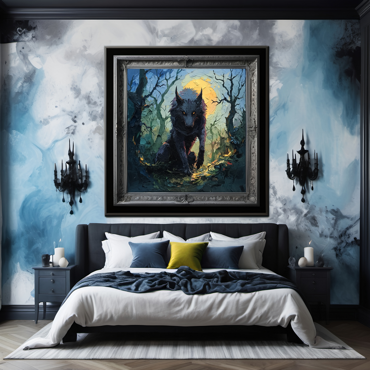Gothic Wolf Oil Painting: Moonlit Stalker, Dark Cottagecore Art (Digital Download)