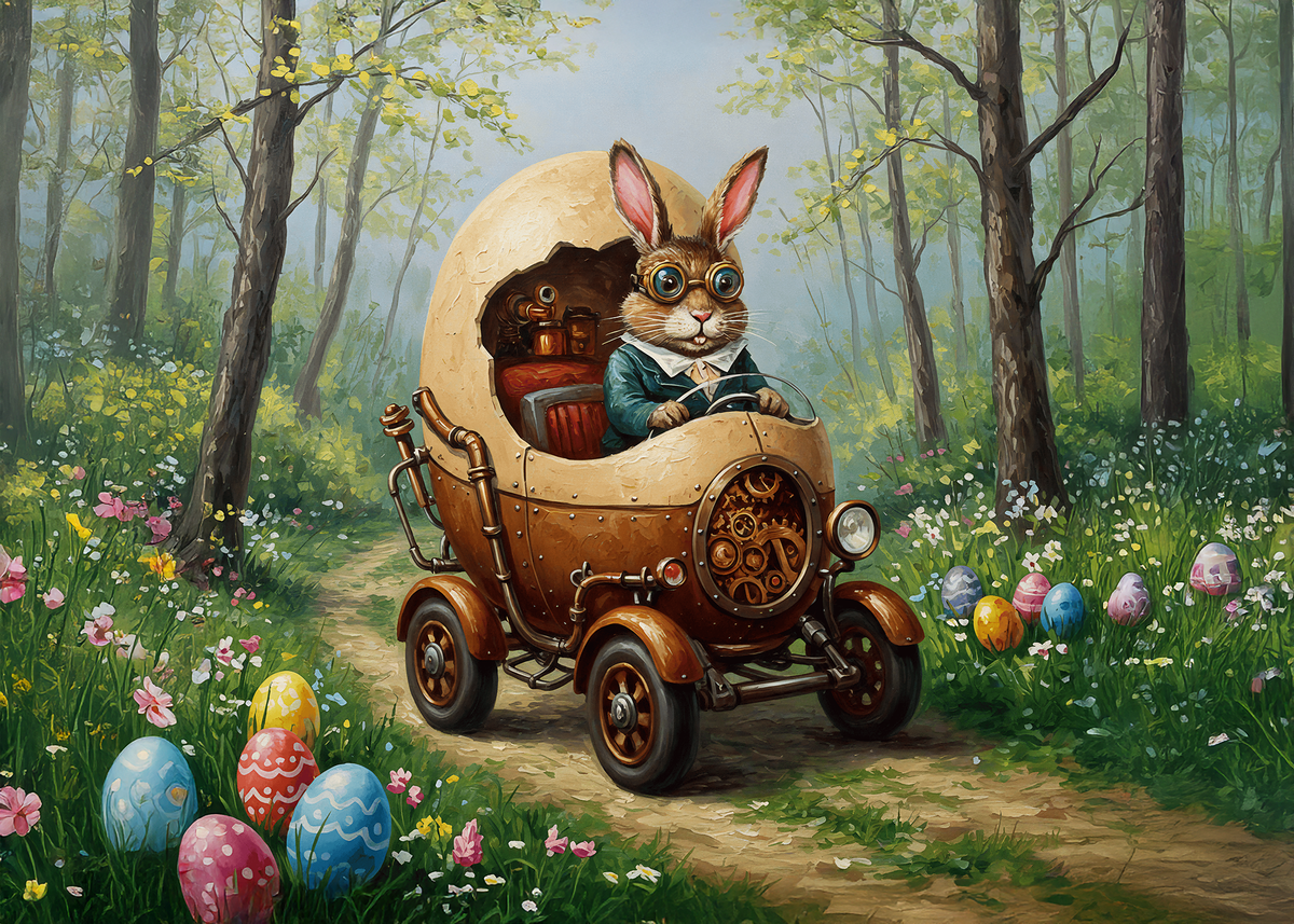 Printable Steampunk Bunny in Egg Car Easter Greeting Card Whimsical Rabbit Driving Egg Car Storybook Easter Art Digital Download