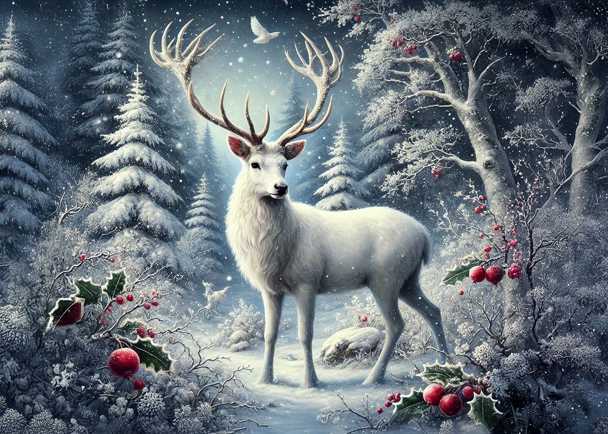 Printable Majestic White Stag Card Enchanted Winter Forest Deer Christmas Greeting Card Digital Download 5x7