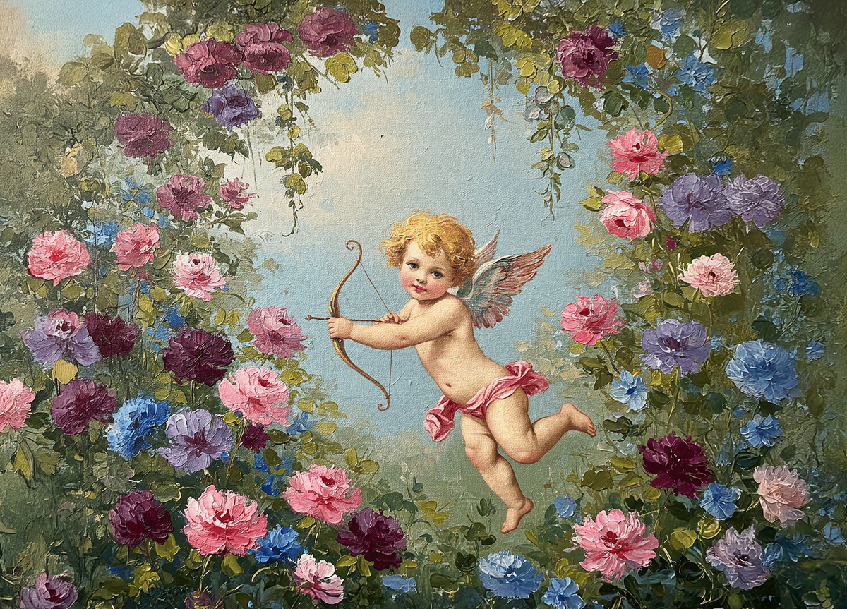 Printable Vintage Cupid in Floral Garden Valentine’s Day Card Romantic Classical Love Art Digital Download