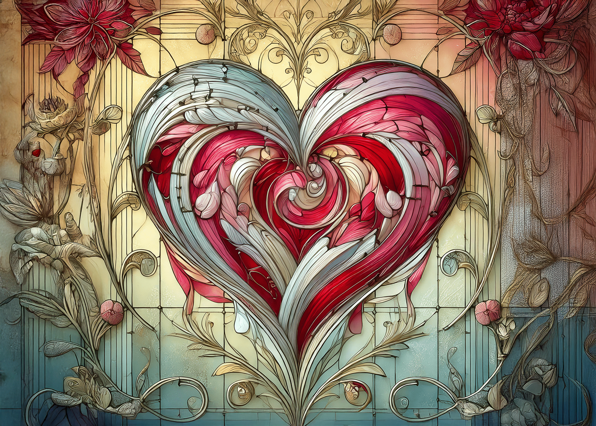 Printable Art Nouveau Stained Glass Heart Valentine’s Day Card Romantic Love Art Digital Download
