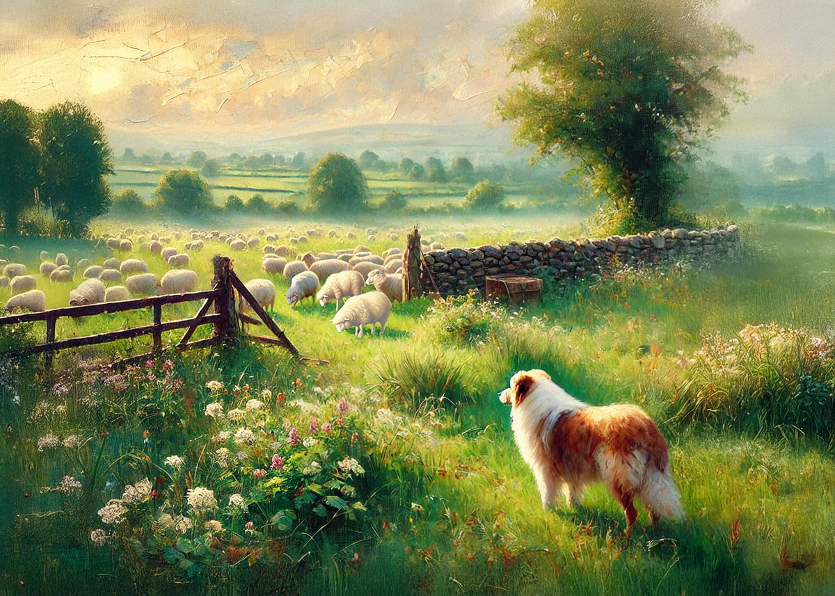Printable Vintage Irish Farm Landscape St Patricks Day Card Pastoral Countryside Sheep Dog Art Greeting Card Digital Download