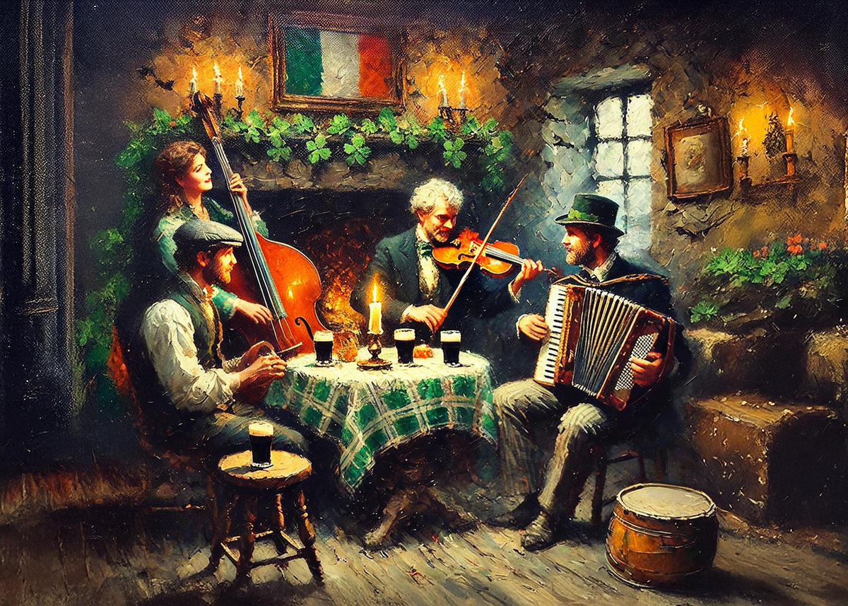 Printable Irish Pub Folk Music St Patricks Day Card Traditional Irish Musicians Vintage Impressionis Art Greeting Card Digital Download