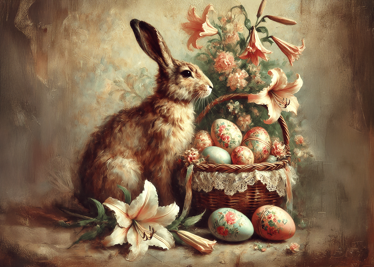 Printable Vintage Cottagecore Bunny Easter Greeting Card Whimsical Rabbit Floral Still Life Storybook Easter Art Digital Download
