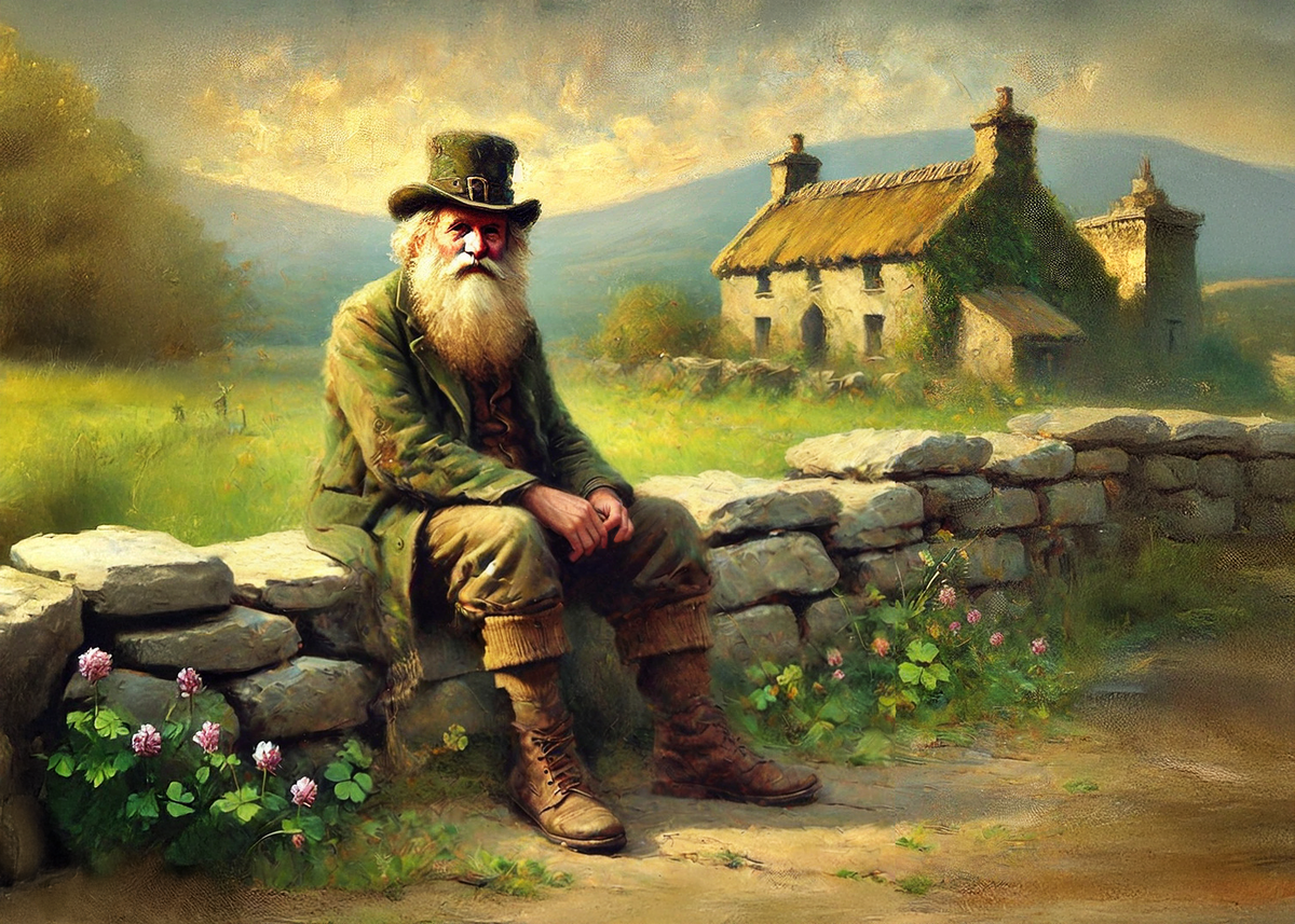 Printable Rustic Irish Countryside Portrait St Patricks Day Card Vintage Irish Farmer Cottage Clover Art Greeting Card Digital Download