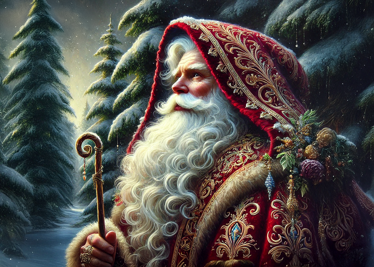 Printable Frost and Velvet Santa Christmas Card: Vintage Old World Holiday Greeting Card Digital Download