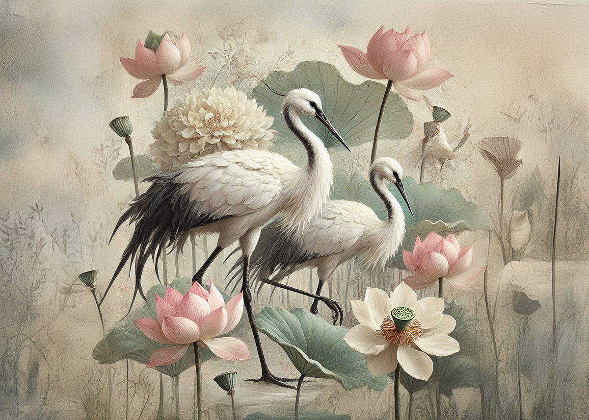 Printable Elegant Cranes and Lotus Flowers Card: Peaceful Vintage Style Bird Art Nature Inspired Greeting Card Digital Download