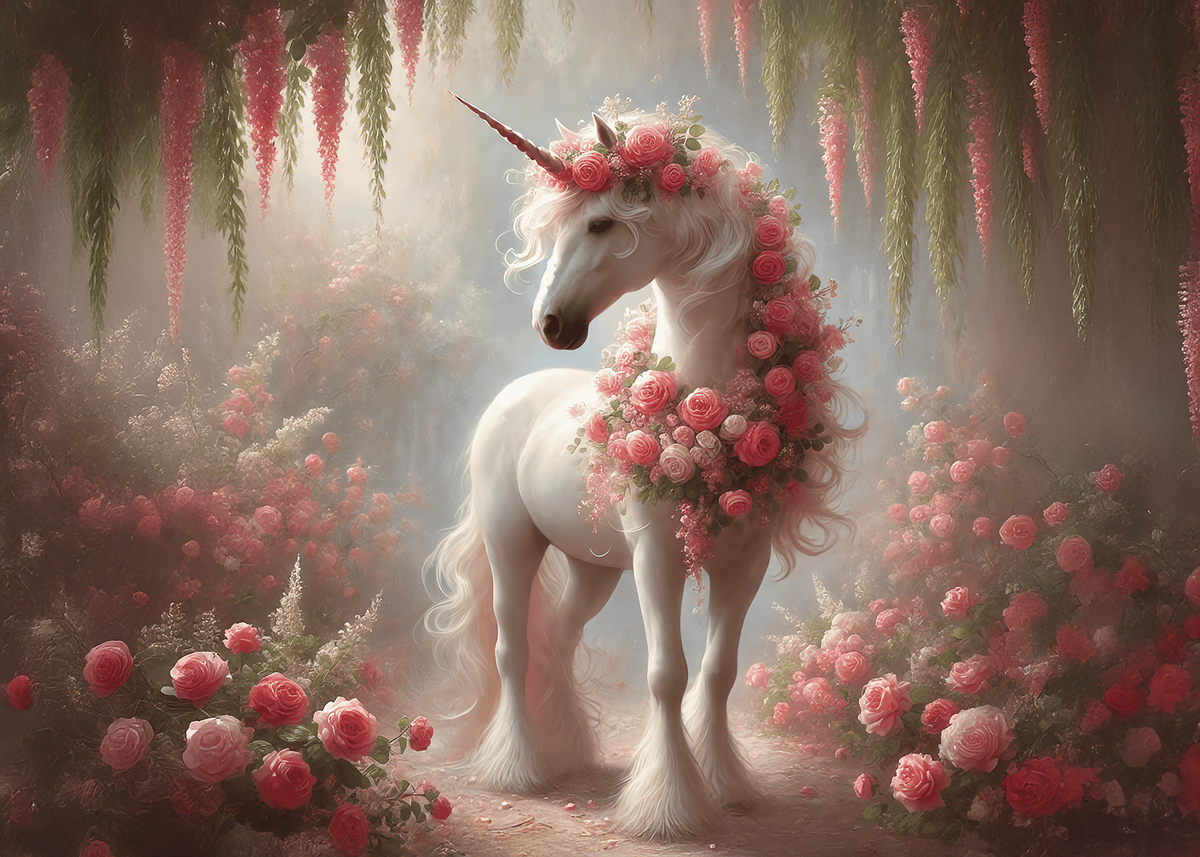 Printable Rose Adorned Unicorn Valentine’s Day Card Romantic Fantasy Love Art Digital Download