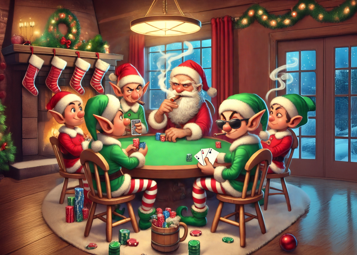 Printable All In On Christmas Eve Elf Poker Card: Humorous Santa Workshop Holiday Greeting Card Digital Download