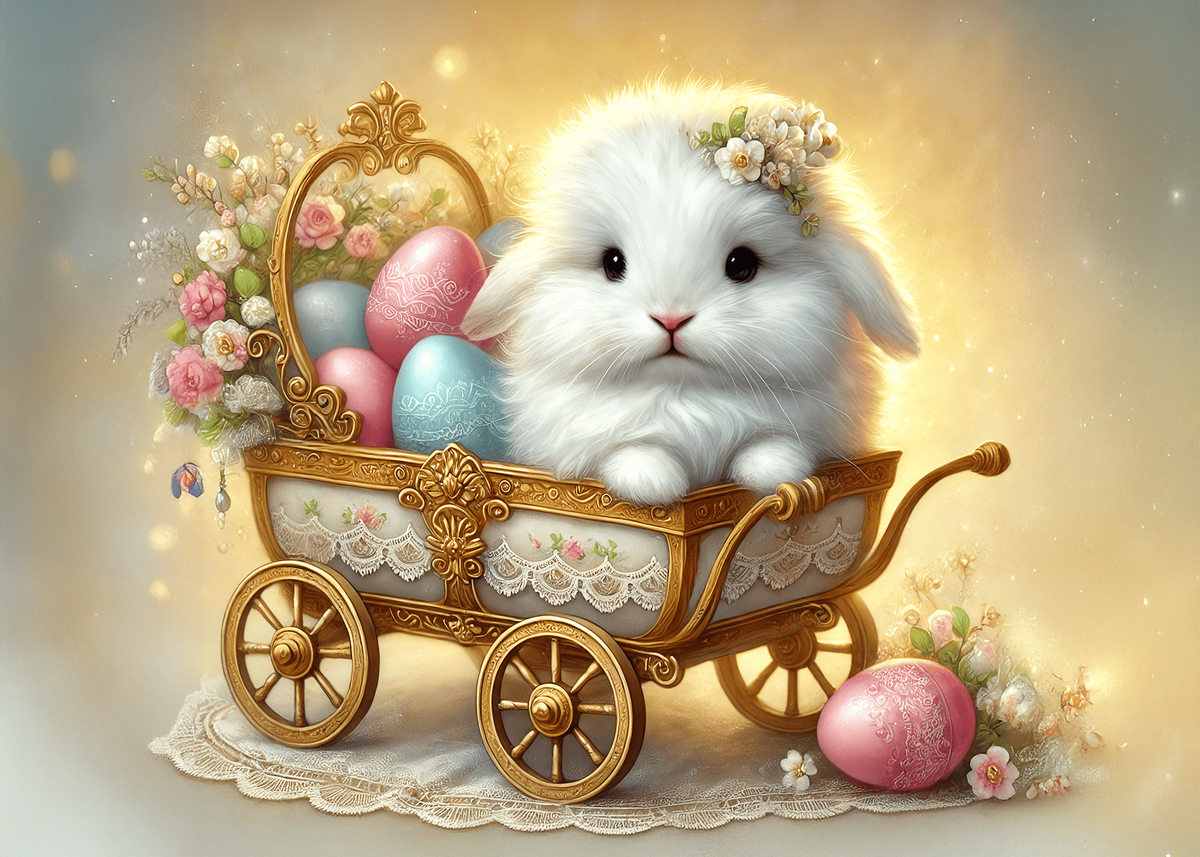 Printable Whimsical Easter Bunny in Vintage Carriage Greeting Card Elegant Storybook Rabbit Easter Card Digital Download