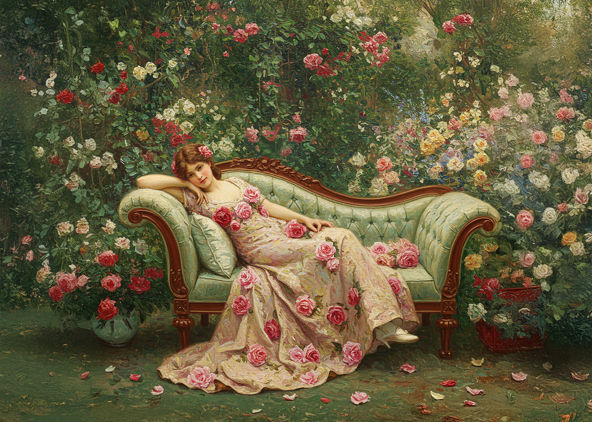 Printable Lounging in the Rose Garden Greeting Card: Vintage Romantic Floral Art Elegant Valentine Card Digital Download