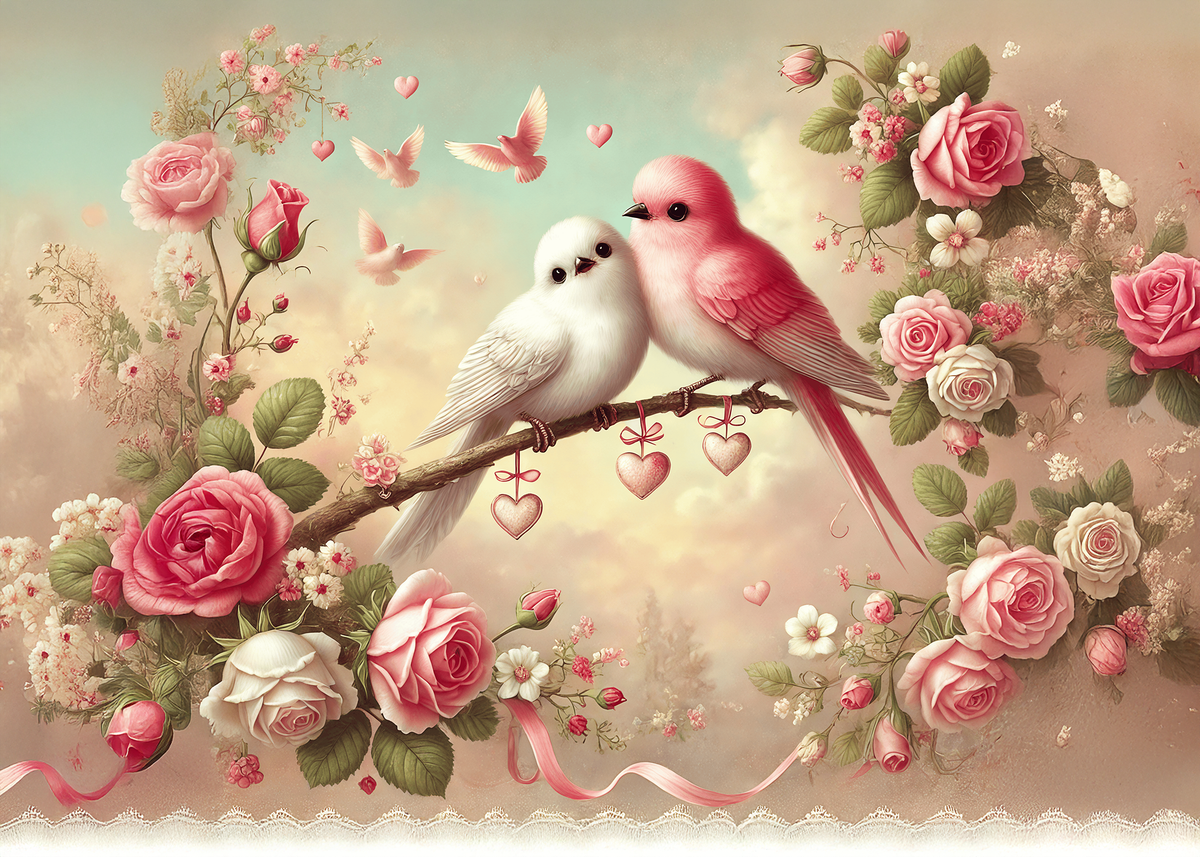 Printable Romantic Lovebirds Valentine’s Day Card Whimsical Floral Love Art Digital Download