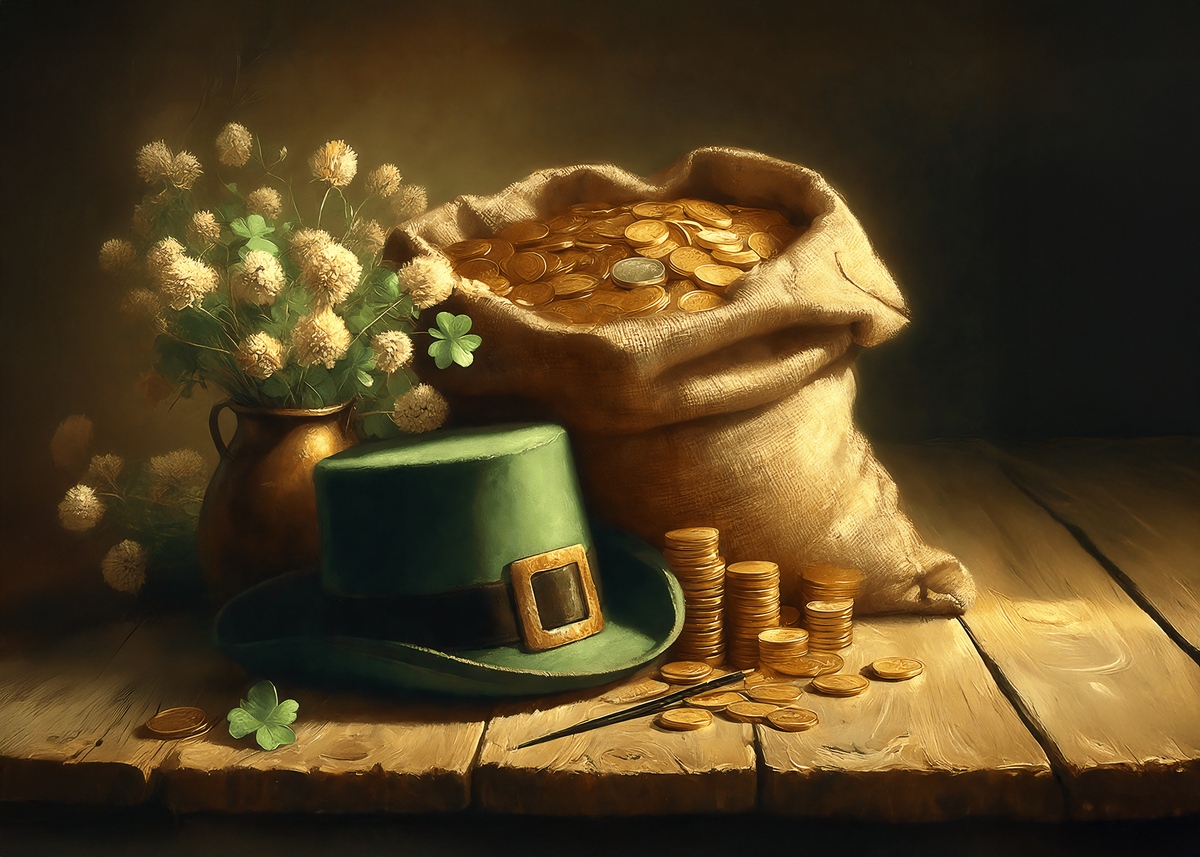Printable Vintage Leprechaun Hat and Gold St Patricks Day Card Irish Still Life Clover Coins Art Greeting Card Digital Download