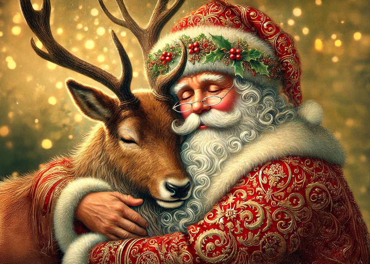 Printable Tender Santa and Reindeer Card Heartfelt Christmas Animal Holiday Greeting Card Digital Download 5x7