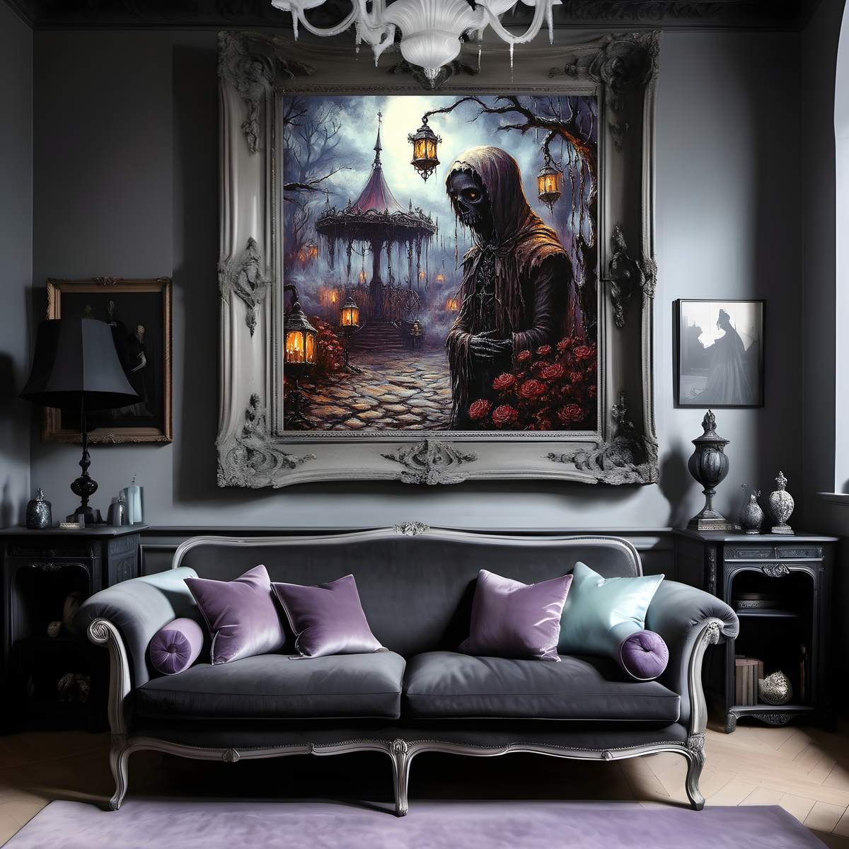 Gothic Grim Reaper Wall Art Haunted Garden Lantern Keeper Dark Fantasy Halloween Decor Digital Download