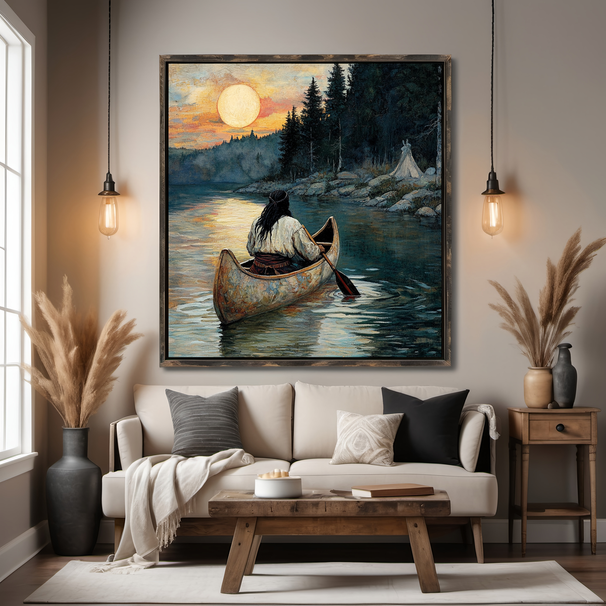 Homeward Across the Water Indigenous Canoe Lakeside Landscape Art (Digital Download)