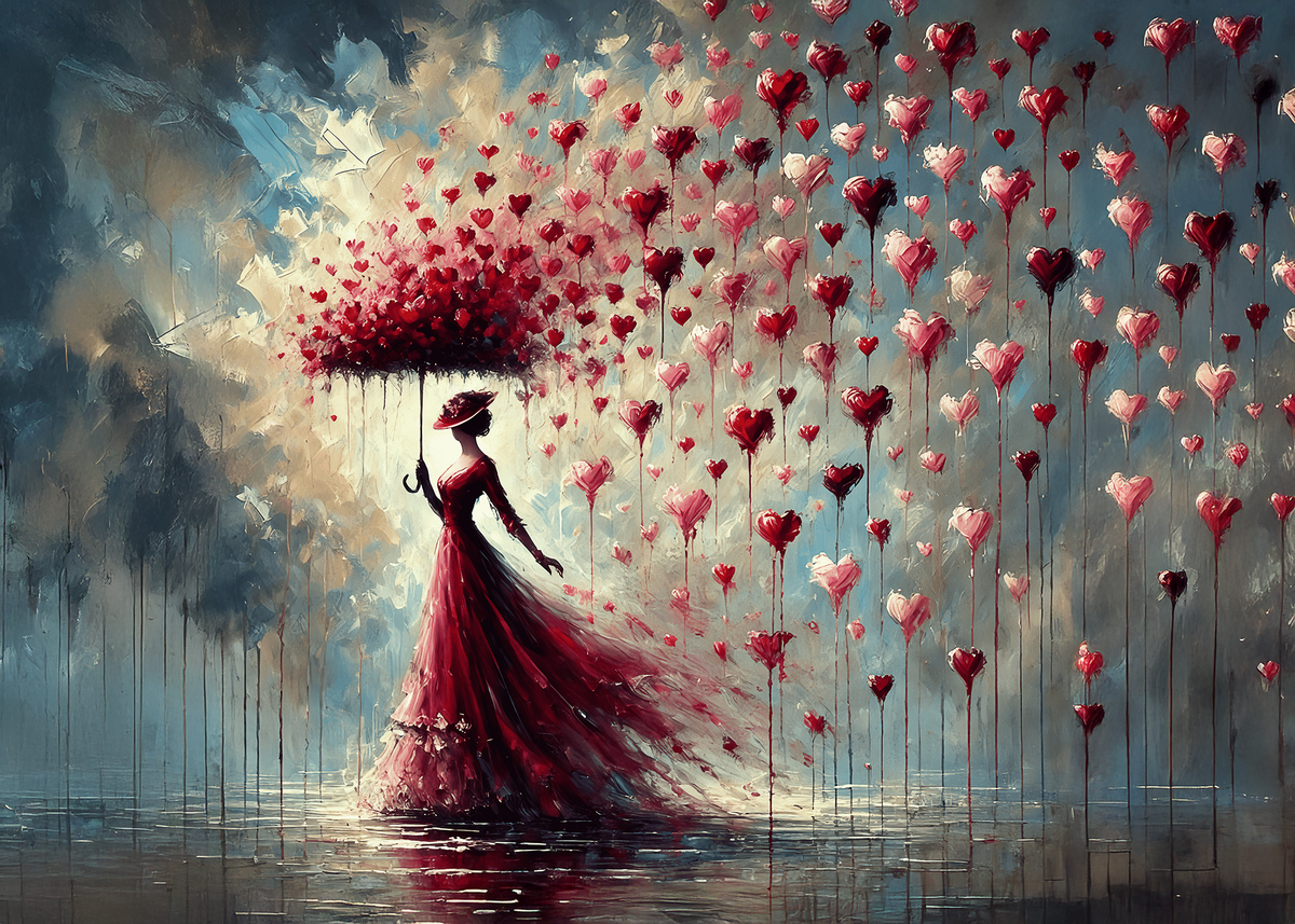Printable Grace in the Rain of Hearts Valentine’s Day Card Romantic Impressionist Love Art Digital Download