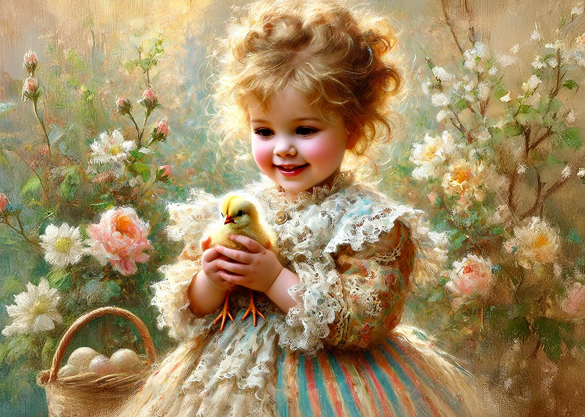 Vintage Easter Girl & Chick Card, Whimsical Spring Art (Digital Download)