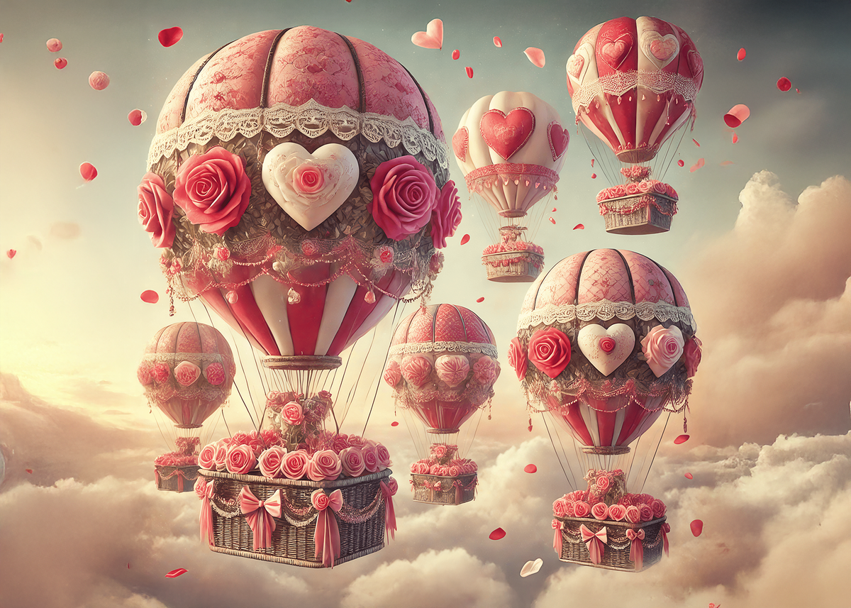 Printable Vintage Valentine Hot Air Balloons Romantic Love Art Valentine’s Day Card Digital Download