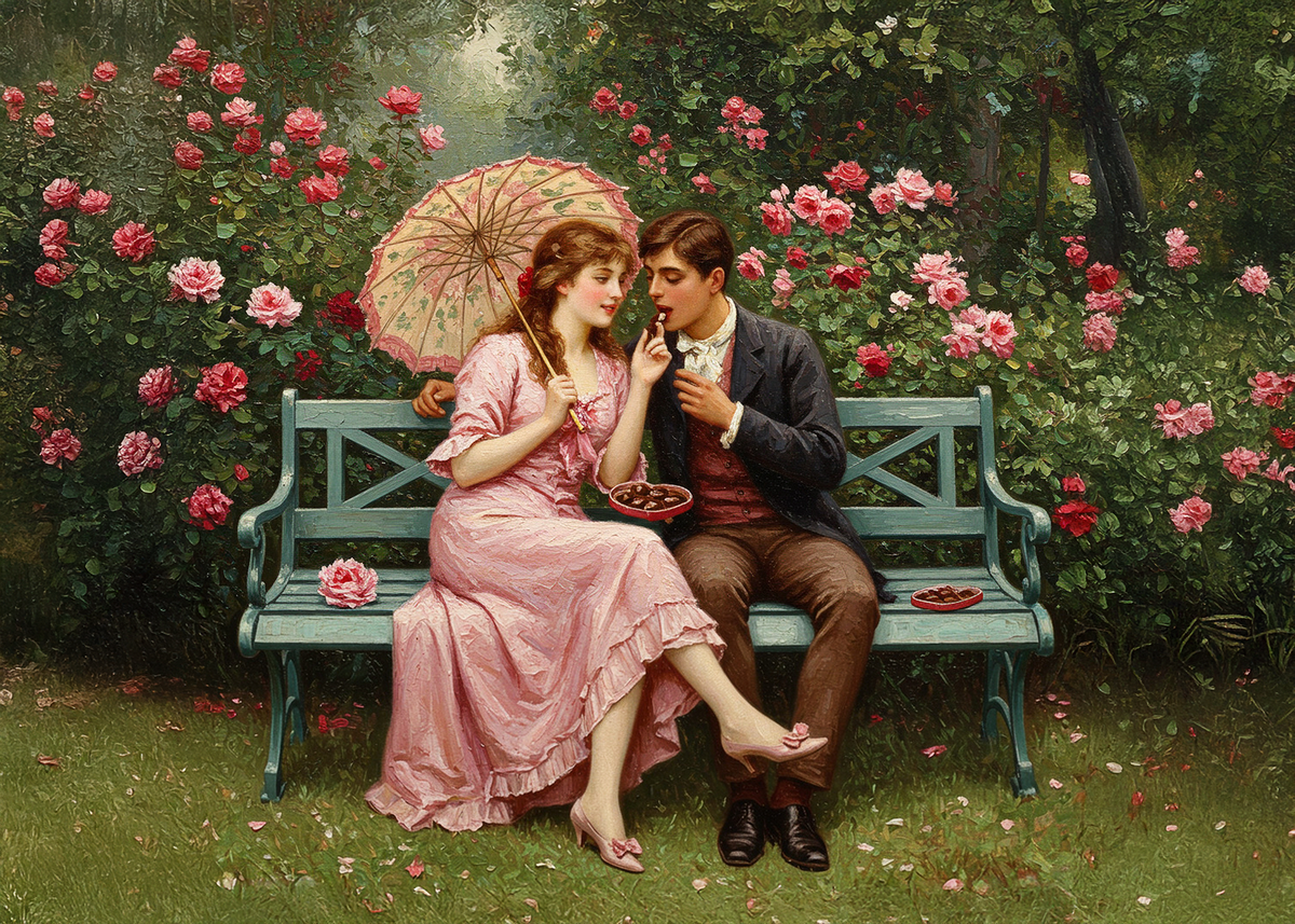 Printable Victorian Couple Sharing Chocolates Valentine’s Day Card Romantic Vintage Love Art Digital Download