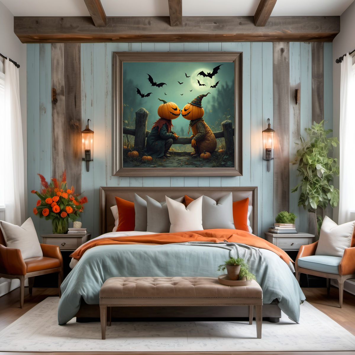 Whimsical Halloween pumpkin couple art soft spooky fall wall decor digital art oil painting vintage home decor gift idea