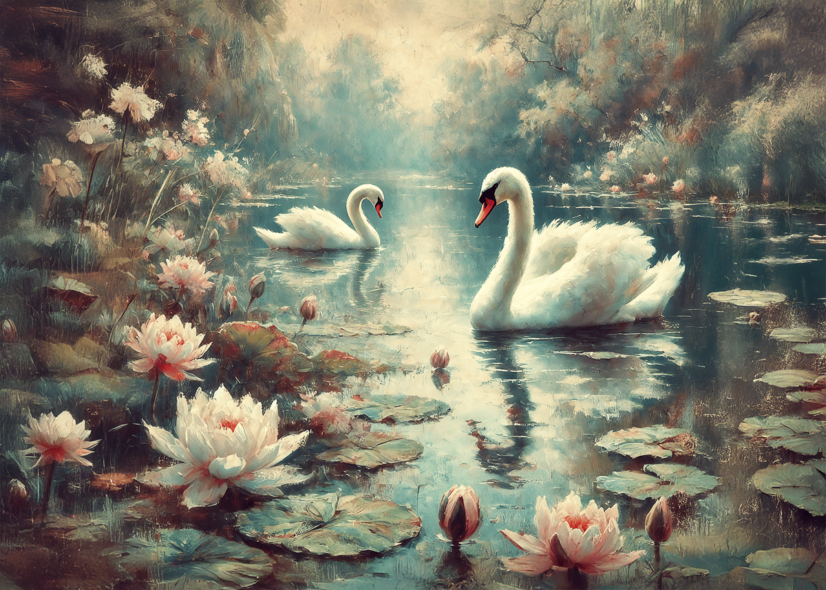 Printable Swans and Water Lilies Card: Romantic Vintage Style Bird Art Peaceful Nature Greeting Card Digital Download