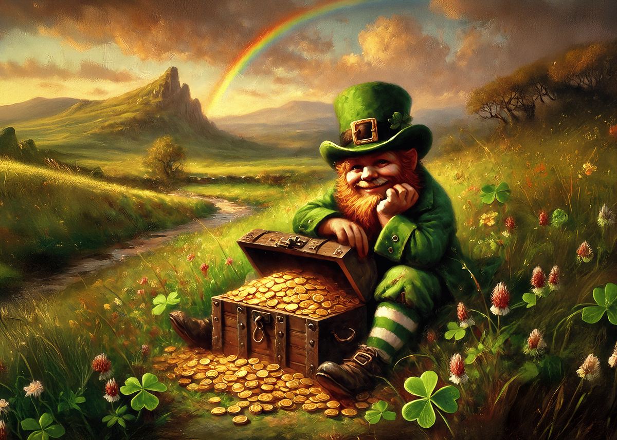 Printable Leprechaun and His Gold St Patricks Day Card Whimsical Irish Folklore Rainbow Clover Vintage Fantasy Art Digital Download