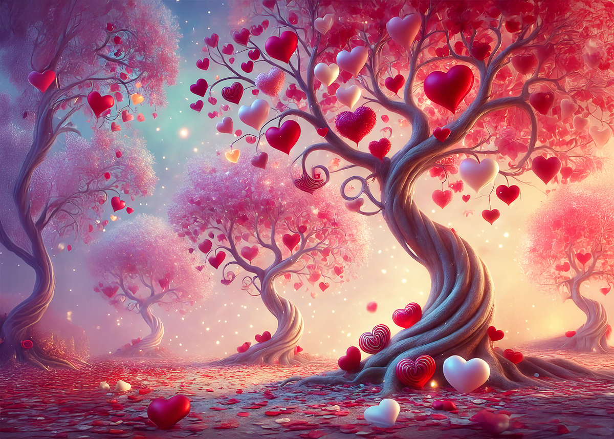 Printable Whimsical Heart Trees Valentine’s Day Card Romantic Fantasy Love Art Digital Download