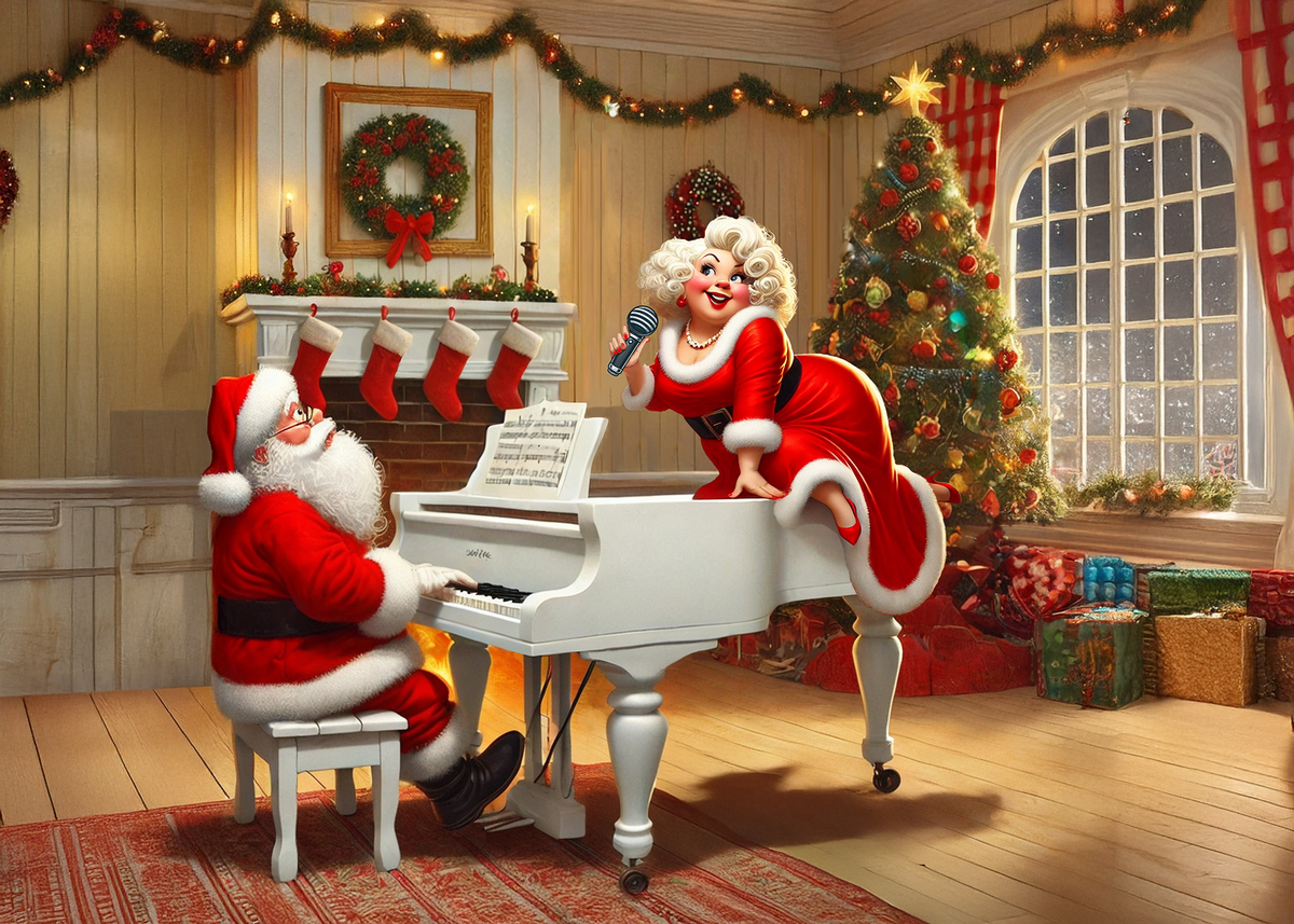 Printable Santa and Mrs Claus Making Music Card Vintage Christmas Piano Holiday Greeting Card Digital Download 5x7