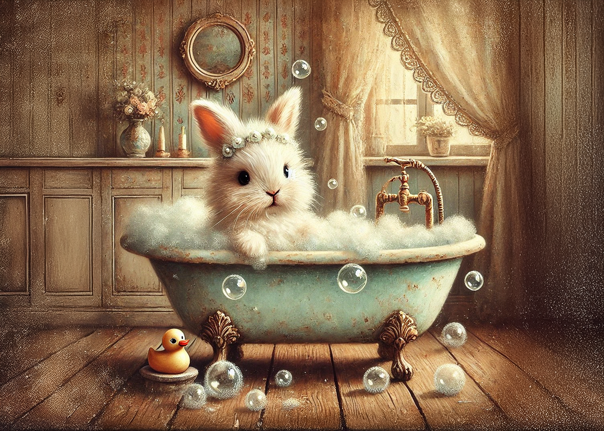 Vintage Bunny Bubble Bath Easter Card, Whimsical Rabbit Art (Digital Download)