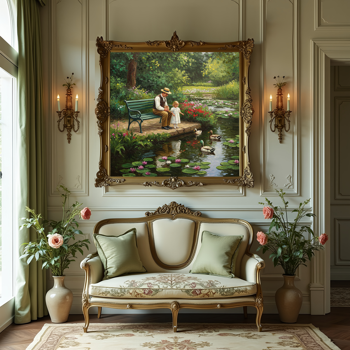 Father & Daughter Duck Pond Painting: Vintage Garden Art Print (Digital Download)
