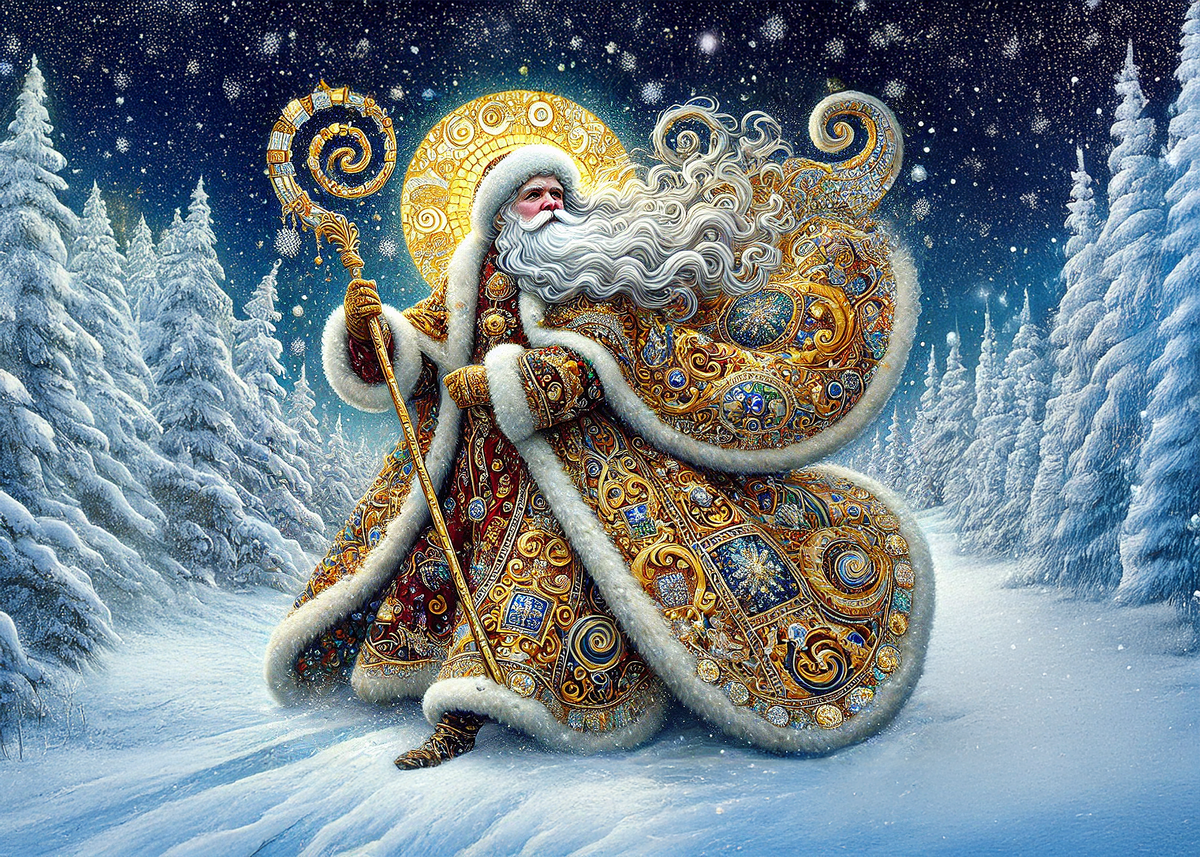 Printable Gilded Father Christmas Greeting Card: Vintage Gold Santa Winter Holiday Card Digital Download 5X7