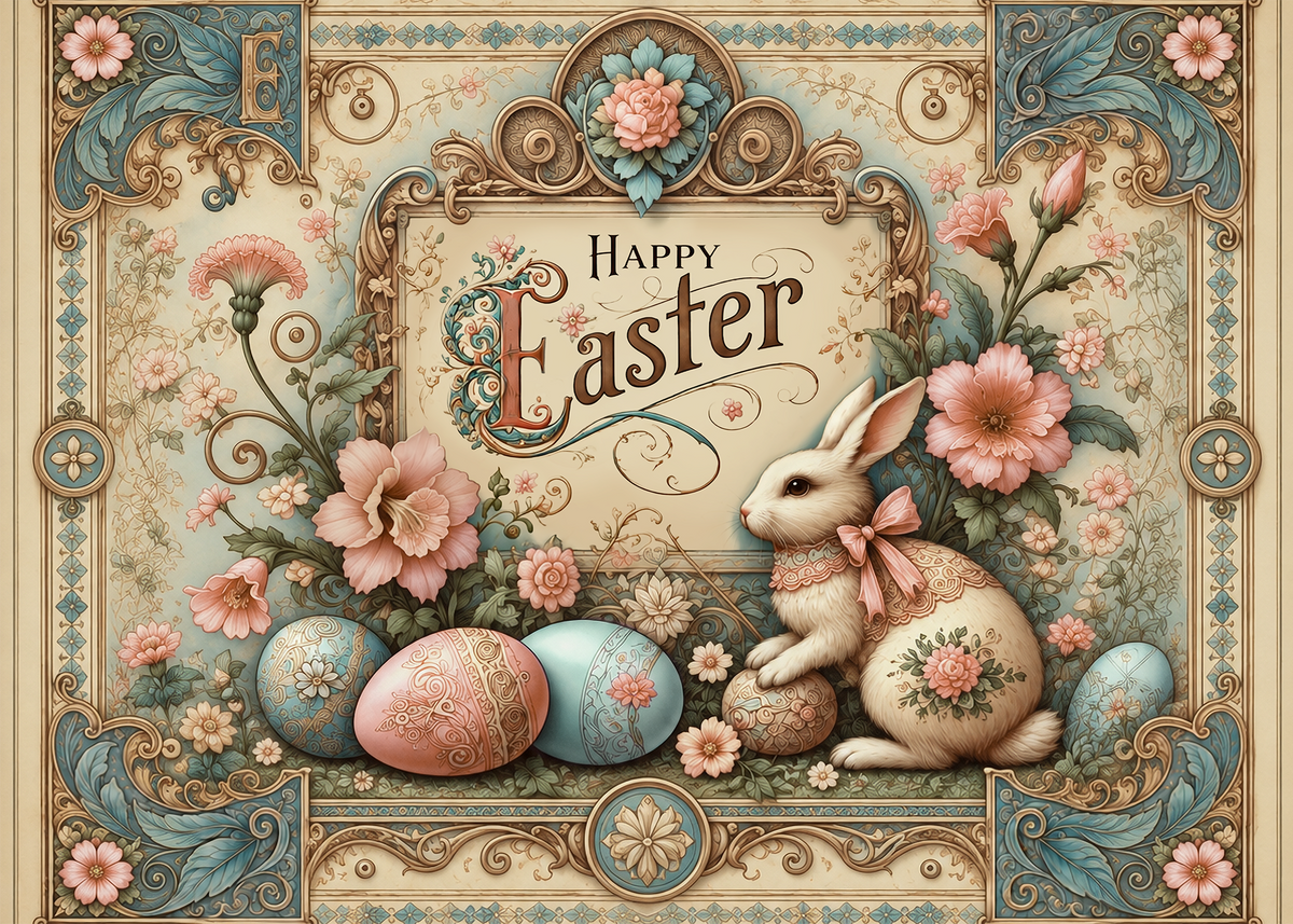 Vintage Easter Card Print, Ornate Bunny & Eggs (Digital Download)