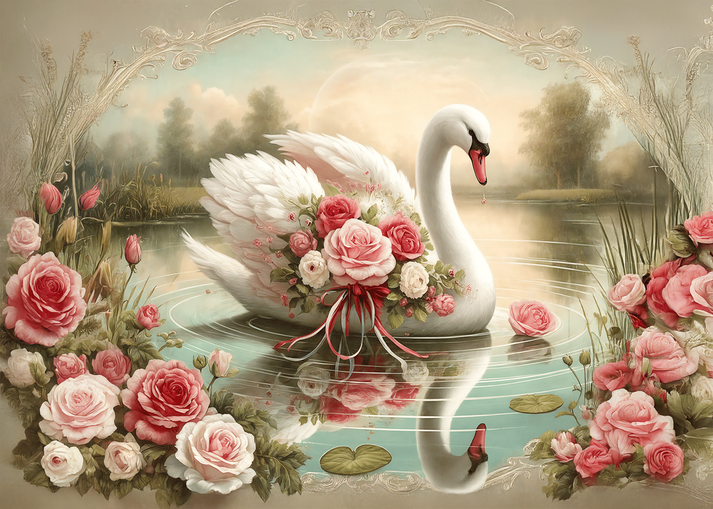 Printable Elegant Swan with Roses Valentine’s Day Card Romantic Love Art Digital Download