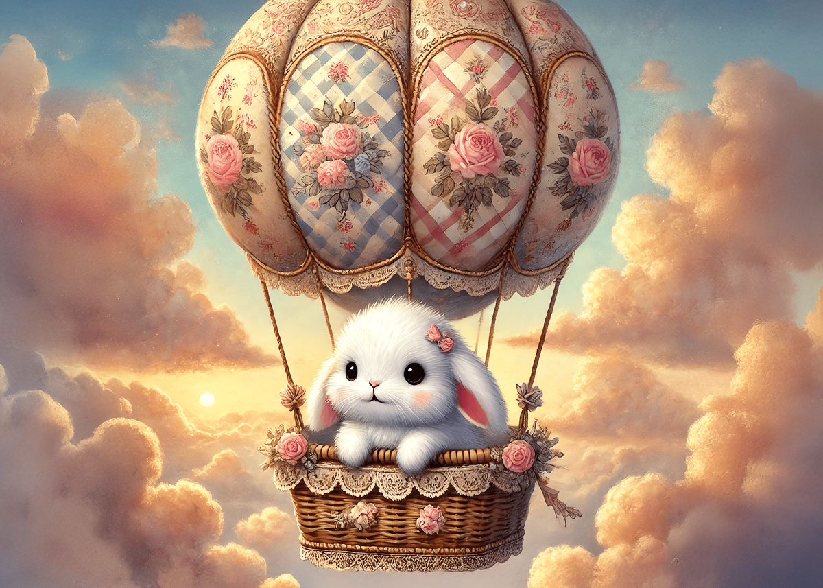 Printable Vintage Bunny Hot Air Balloon Easter Greeting Card Whimsical Rabbit Floating Sky Storybook Easter Art Digital Download