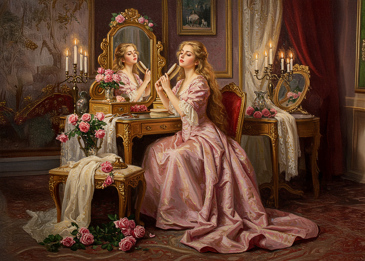 Printable Graceful Victorian Woman Vanity Scene Romantic Vintage Art Card (Digital Download)