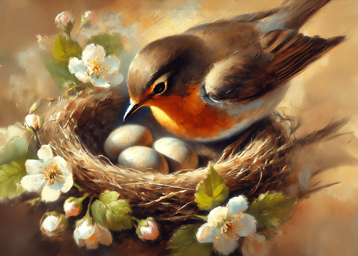 Printable Spring Bird Nest with Eggs Card: Gentle Nature Inspired Bird Art Vintage Style Greeting Card Digital Download