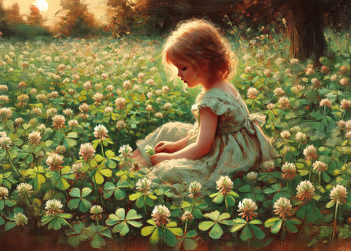 Printable Impressionist Girl in Clover Field St Patricks Day Card Vintage Irish Childhood Whimsical Nature Greeting Card Instant Download