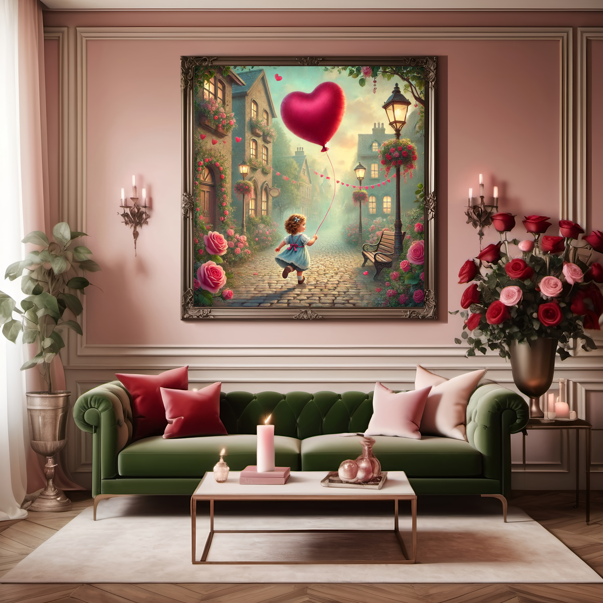 Valentine Village Art Print: Whimsical Heart Balloon, Cottagecore Decor (Digital Download) 2