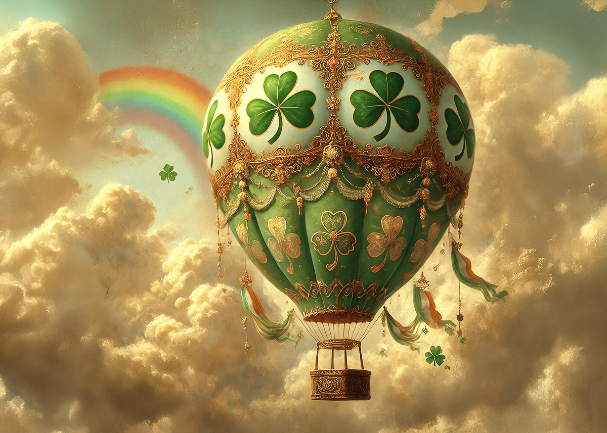 Printable St Patricks Day Hot Air Balloon Card Shamrock Rainbow Irish Fantasy Vintage Celebration Art Greeting Card Digital Download